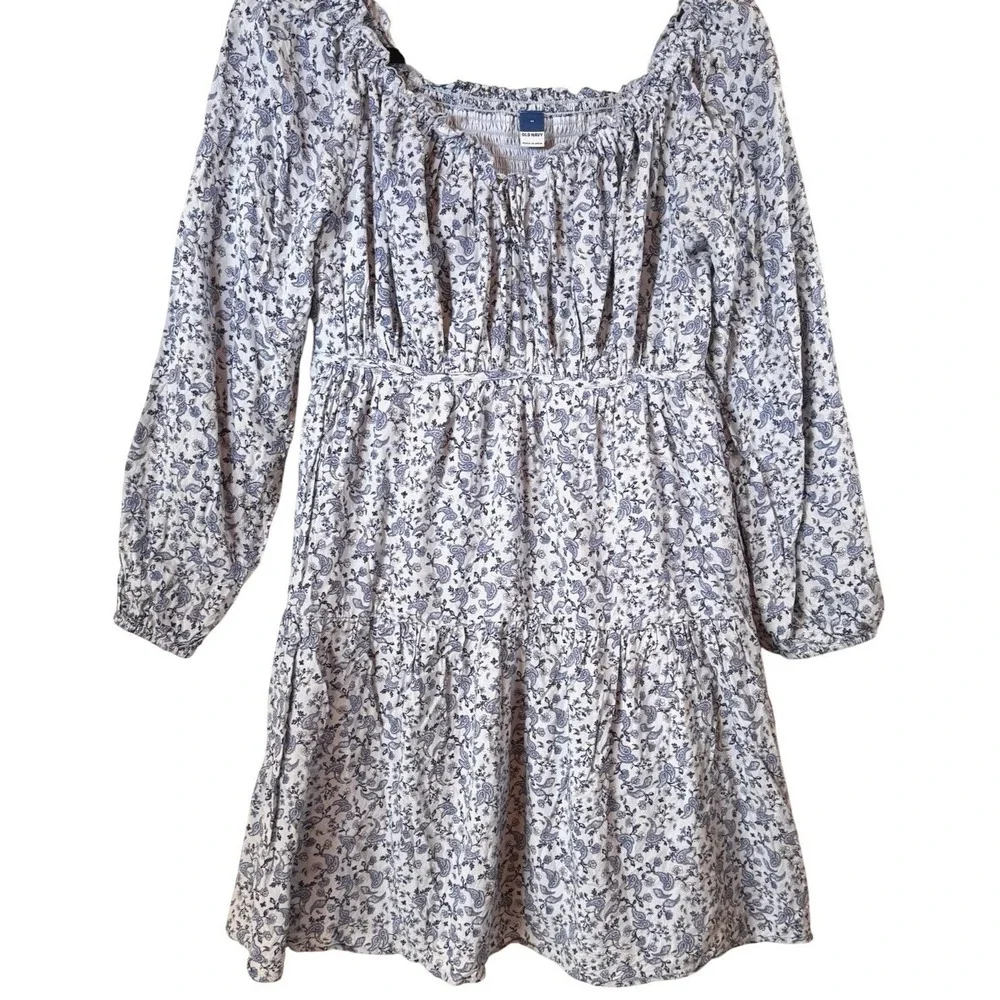 Old Navy Paisley Mini Dress Womens Medium‎ Blue Smocked Tiered Boho Cottagecore